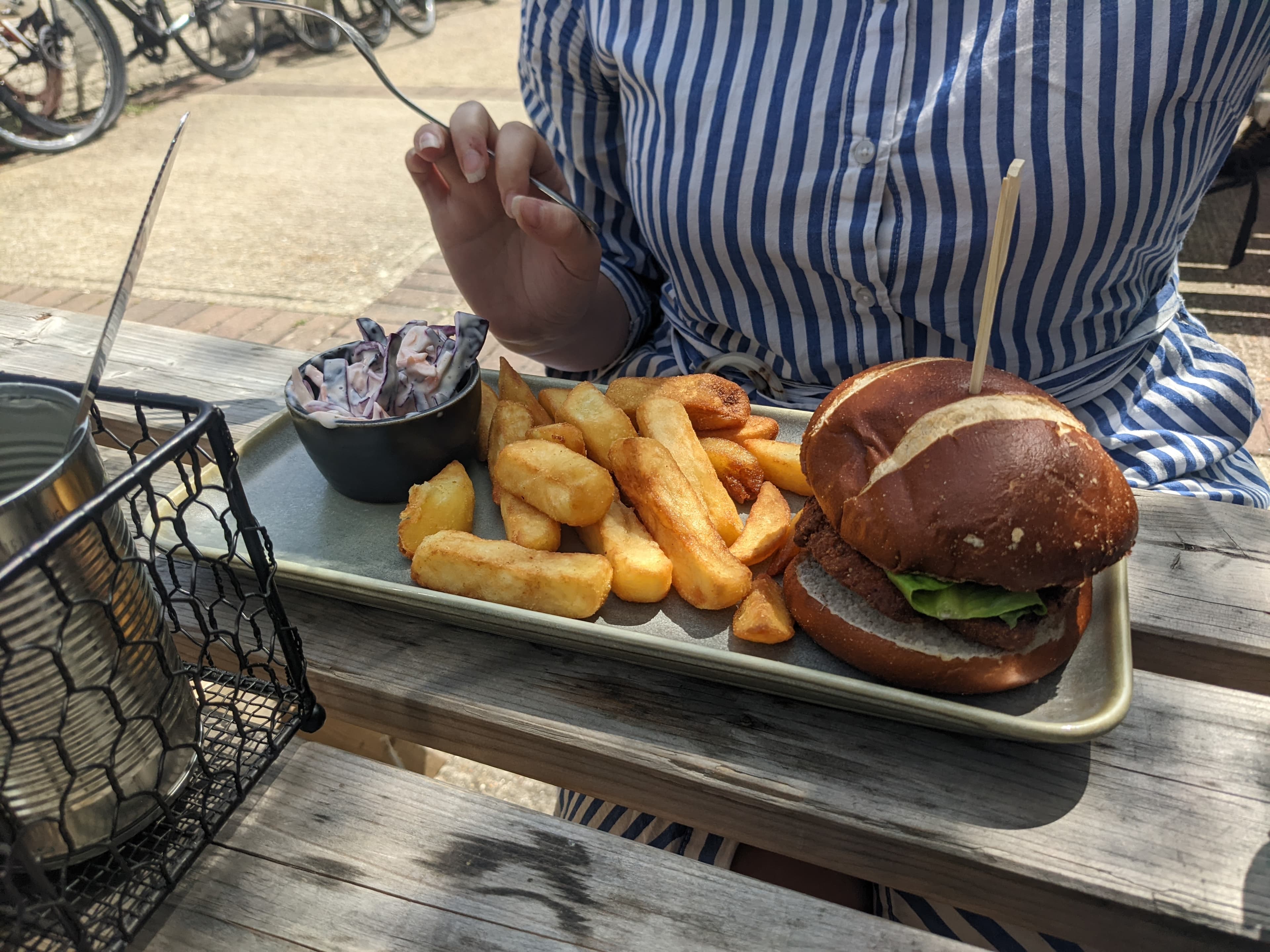 Buttermilk chicken burger with chunky chips and coleslaw at The Crown Inn, Shorwell